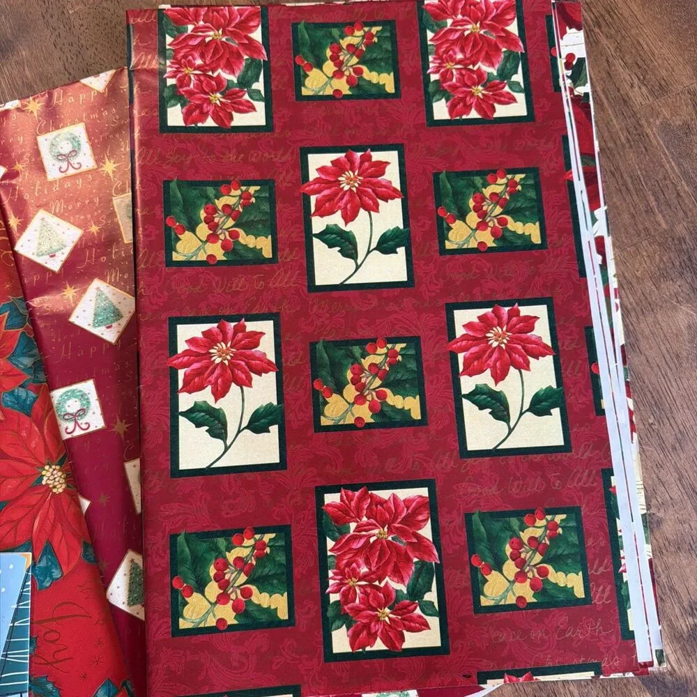 5 Sheets Christmas Wrapping Paper Poinsettia Wreath Holiday Tree Gift Wrap